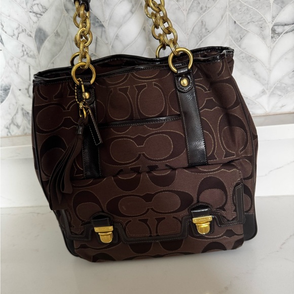 New COACH POP SIG SAT LXNS TOT - B4/Brown - Picture 2 of 4
